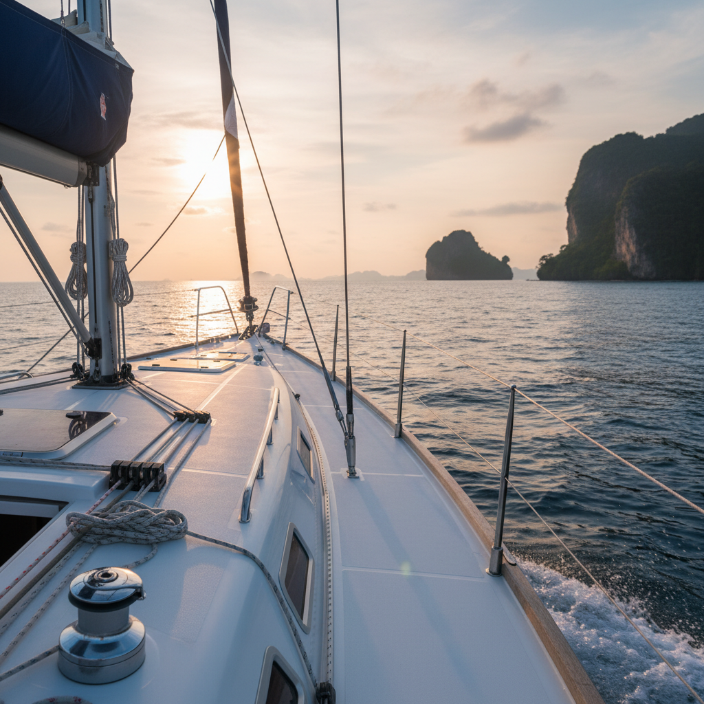 The bow of a modern white sailing yacht cutting cleanly through clear, deep-blue Andaman Sea water, captured in tight focus from a low, forward-facing angle. Stainless steel bow rails, neatly coiled ropes, and a taut forestay show crisp detail, while small waves break along the hull, creating sparkling droplets. In the distance, Phuket’s distinctive karst islands rise from the sea, slightly softened by atmospheric haze. Late afternoon sunlight reflects off the water, casting shimmering highlights on the hull. The atmosphere is dynamic yet controlled, emphasizing power and reliability. Photographic realism, rule-of-thirds composition, with the yacht’s bow dominating the foreground and the islands and open sky forming a professional, aspirational backdrop.
