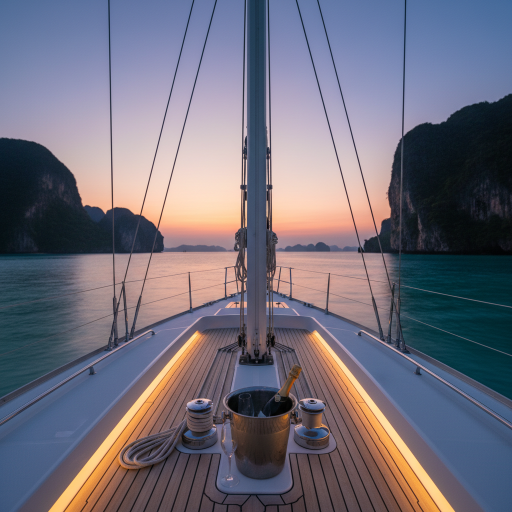 A detailed view of a charter sailing yacht’s deck set up for a refined sunset cruise, photographed from eye level looking toward the bow. Gleaming white fiberglass surfaces contrast with warm teak flooring. Stainless steel cleats, neatly coiled lines, and a small polished ice bucket with condensation sit near the mast base. The boat is at rest in a tranquil Phuket bay, with calm turquoise water and a silhouette of karst cliffs in the distance. Soft, fading daylight transitions to the first cool blue tones of evening, while subtle LED deck lights cast a gentle glow along the toe rails. The mood is discreetly luxurious and professional. Photographic realism, shallow depth of field, with the foreground details in sharp focus and background scenery softly blurred.