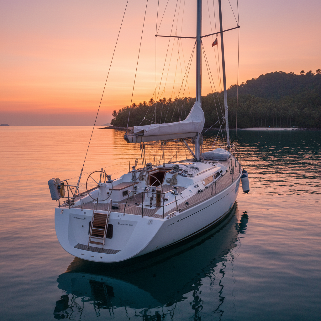 A pristine white sailboat anchored for sunset near a small Phuket island, framed from a slightly elevated angle off the stern. The mainsail is lowered and covered, the deck is spotless with neatly arranged lines, and a polished stainless steel ladder dips into the glassy water. The sky is filled with vivid oranges, pinks, and purples reflecting on the sea, while a dark green, palm-lined shoreline curves gently in the background. Soft, golden hour light wraps the yacht, producing a calm, inviting glow. The atmosphere is intimate, quiet, and luxurious. Photographic realism, with a wide-angle lens capturing both the yacht and expansive sky, emphasizing open space and peaceful isolation.