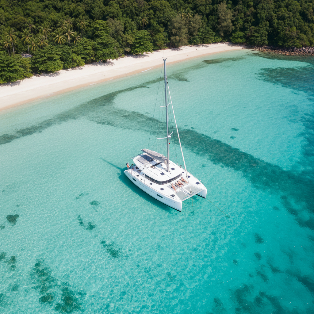 A bird’s-eye view of a modern white sailing catamaran anchored in clear, shallow turquoise water near a secluded Phuket beach. The twin hulls and central deck layout are clearly visible, with clean lines, tidy rigging, and a neatly covered mainsail. Beneath the surface, patterns of rippled sand and darker blue channels create natural textures. The surrounding shoreline, with powdery white sand and dense green foliage, forms a soft frame around the vessel. Bright midday sunlight from directly above creates crisp, minimal shadows and emphasizes the vivid tropical colors. The mood is adventurous yet composed, highlighting privacy and exclusivity. Photographic realism with a minimalist, almost geometric composition that showcases the catamaran as the focal point against the natural patterns of sea and coast.