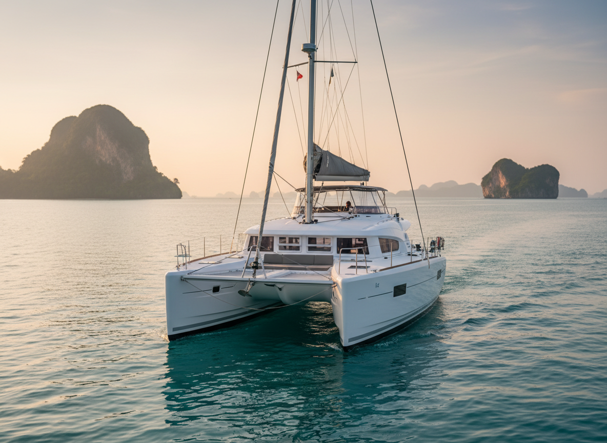 A sleek white sailing catamaran with polished teak decking, stainless steel rigging, and neatly furled sails glides across calm turquoise water off the coast of Phuket. The boat is centered in the frame, photographed at eye level from a short distance, with limestone cliffs and lush green islands softly blurred in the background. Warm golden hour sunlight bathes the scene, creating subtle highlights on the hull and gentle reflections in the water. The mood is serene and professional, conveying premium private charters. Photographic realism, sharp focus on the yacht, with a shallow depth of field to softly separate it from the horizon under a pastel orange and pink sky.