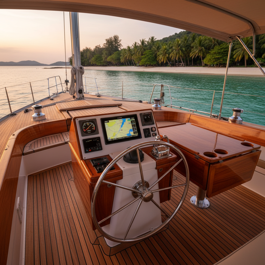 An elegant teak cockpit of a private charter sailboat anchored in a sheltered Phuket bay, viewed from slightly above and behind the wheel. A polished stainless steel steering wheel, well-organized navigation instruments, and a varnished folding table are in crisp focus. Beyond the stern, calm emerald water, a crescent of white sand beach, and lush tropical trees fill the midground. Soft, warm sunset light filters across the scene from the left, creating long, gentle shadows and a golden sheen on the teak surfaces. The mood is relaxed yet upscale, ideal for sunset cruises. Photographic realism with a balanced composition, leading lines from the cockpit guiding the eye toward the tranquil shore and subtly glowing horizon.